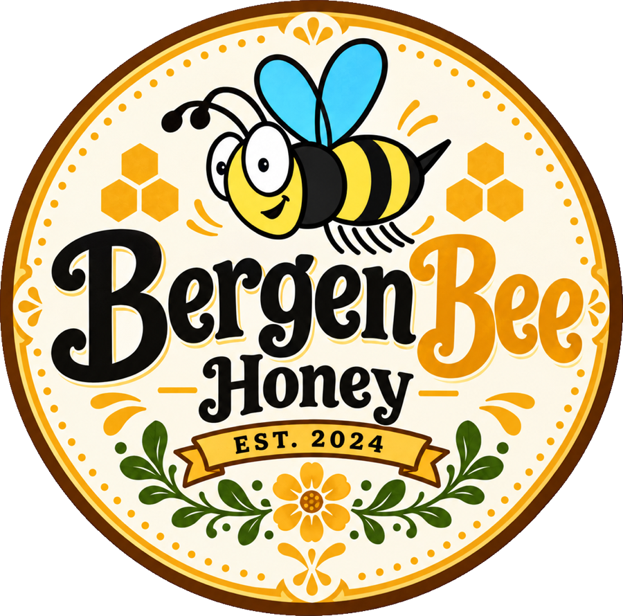 Bergen Bee honey artwork with a cartoon bee, honeycomb, and floral details