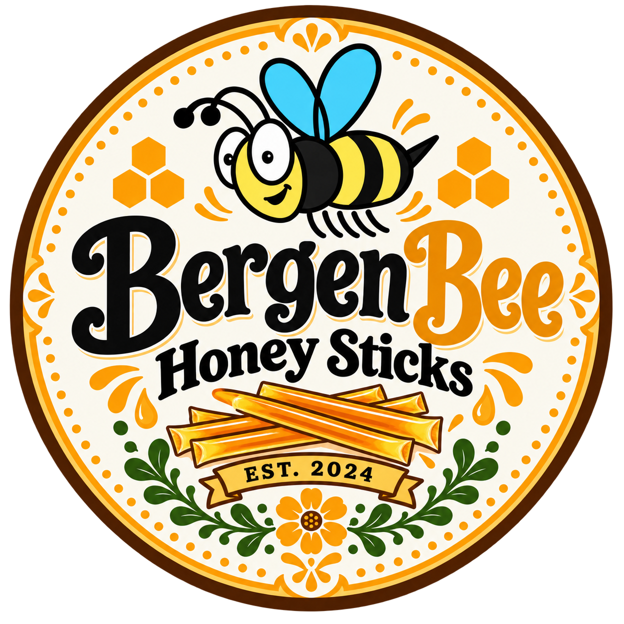 Bergen Bee honey straw artwork with a cartoon bee and floral details