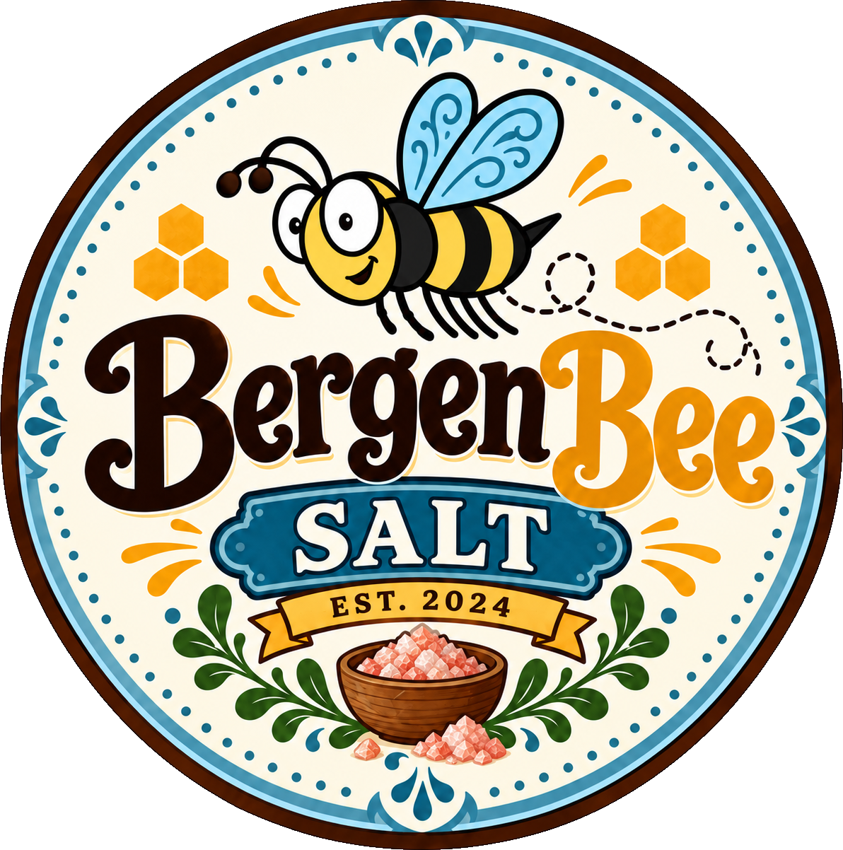 Bergen Bee Salt artwork with a cartoon bee, pink salt, and floral details