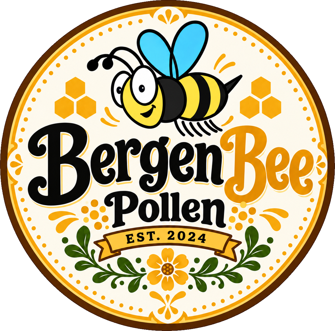 Bergen Bee pollen artwork with honeycomb and floral details