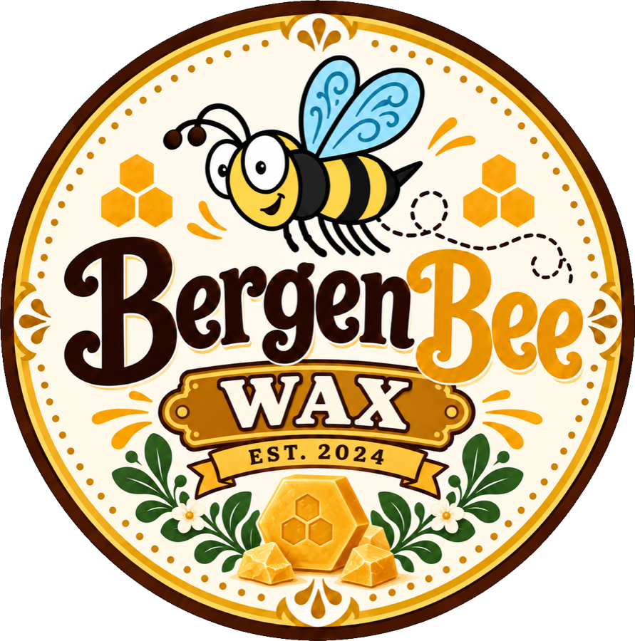 Bergen Bee beeswax artwork with a cartoon bee and floral details